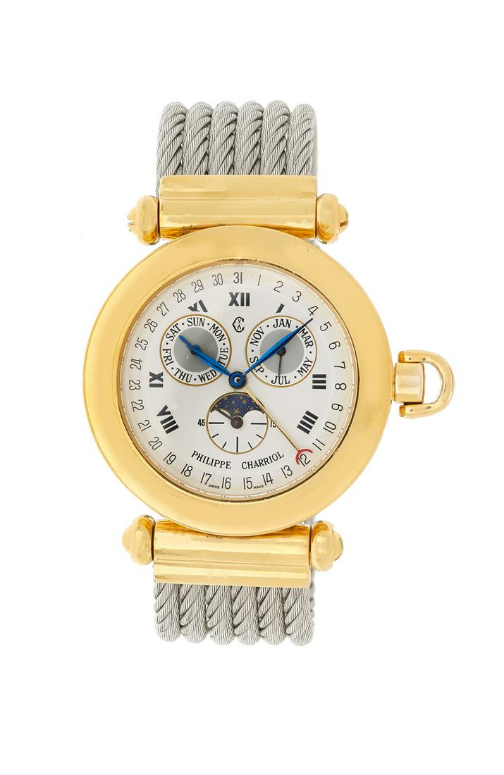 Philippe Charriol Watch: Philippe Charriol Watch stainless steel/gold plate, the "Christopher Columbus" model watch with a cable-link band. inside circumference 6-3/4", total weight 80.4 grams