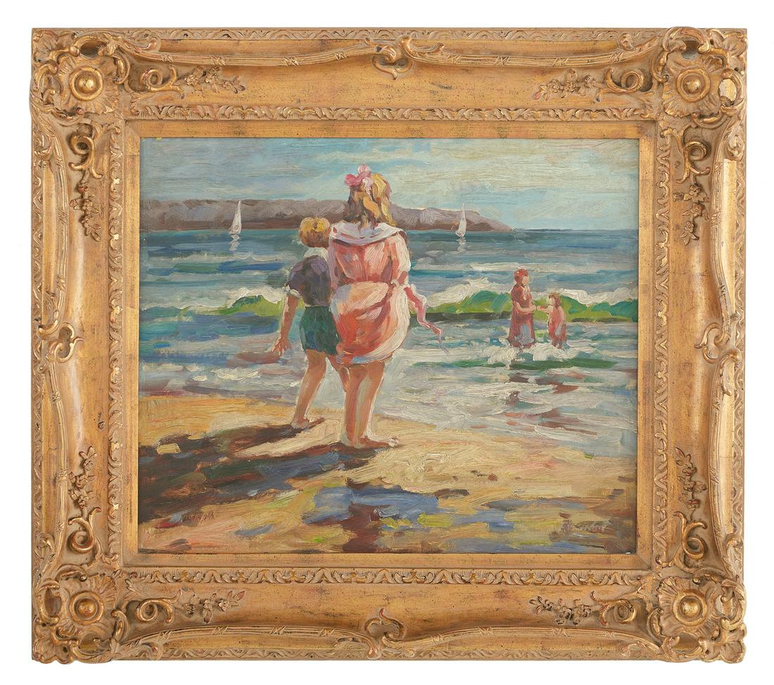 Continental School, (21st Century): Continental School (21st Century) "Sunny Day at the Beach" oil on canvas illegibly signed lower right. Framed. 20" x 24", framed 30" x 34"
