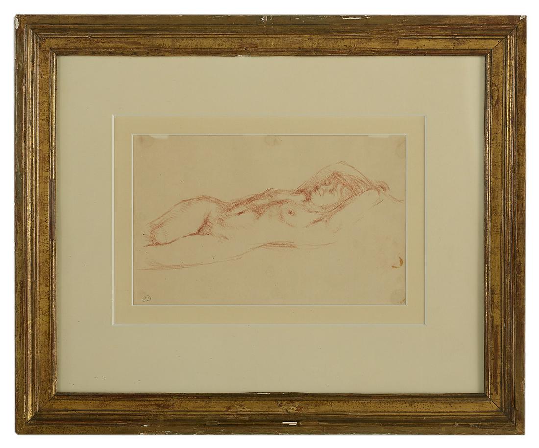 American/Continental School, (Mid-20th Century): American/Continental School (Mid-20th Century) "Study of a Reclining Female Nude" Conte crayon on paper monogrammed "BD" lower left". Matted, glazed and framed, with London shipper's label on backing.