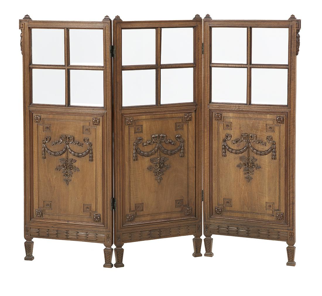 French Three-Panel Folding Screen: French Walnut, Glass and Tapestry Three-Panel Folding Screen first quarter 20th century, with carved rosette finials on each corner and a twisted ribbon surround, each panel set with four beveled mirr