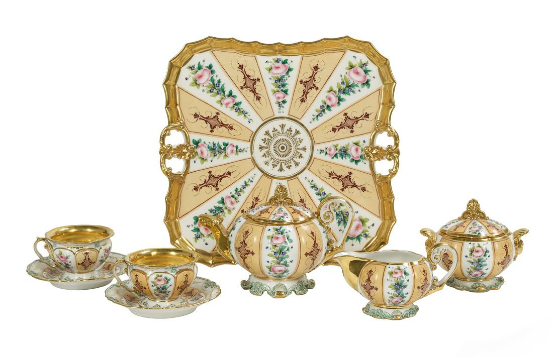 Jacob Petit Paris Porcelain Dejeuner Set: Jacob Petit Paris Porcelain Dejeuner Set second quarter 19th century, decorated with panels of melon-ground scrollwork alternating with flowers and richly gilded trim, with anthemion-molded knops, the