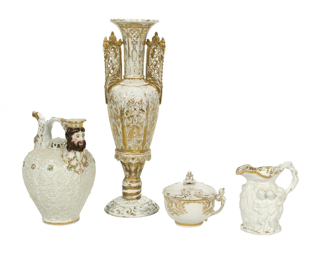 Three Pieces of Jacob Petit Paris Porcelain: Three Pieces of Jacob Petit Paris Porcelain second quarter 19th century, including a rare hydra jug, based on ancient classical wine and water jugs, h. 9-1/4", w. 7-1/2", d. 6-1/4", a "Drunken Silenus