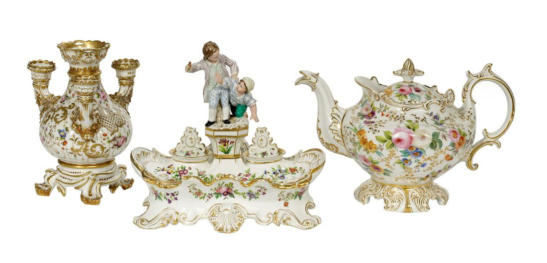 Three Pieces of Jacob Petit Paris Porcelain: Three Pieces of Jacob Petit Paris Porcelain mid-19th century, in the Rococo Revival taste, including an encrier decorated with figures of children playing with a bird, flanked by an ink pot and pounce