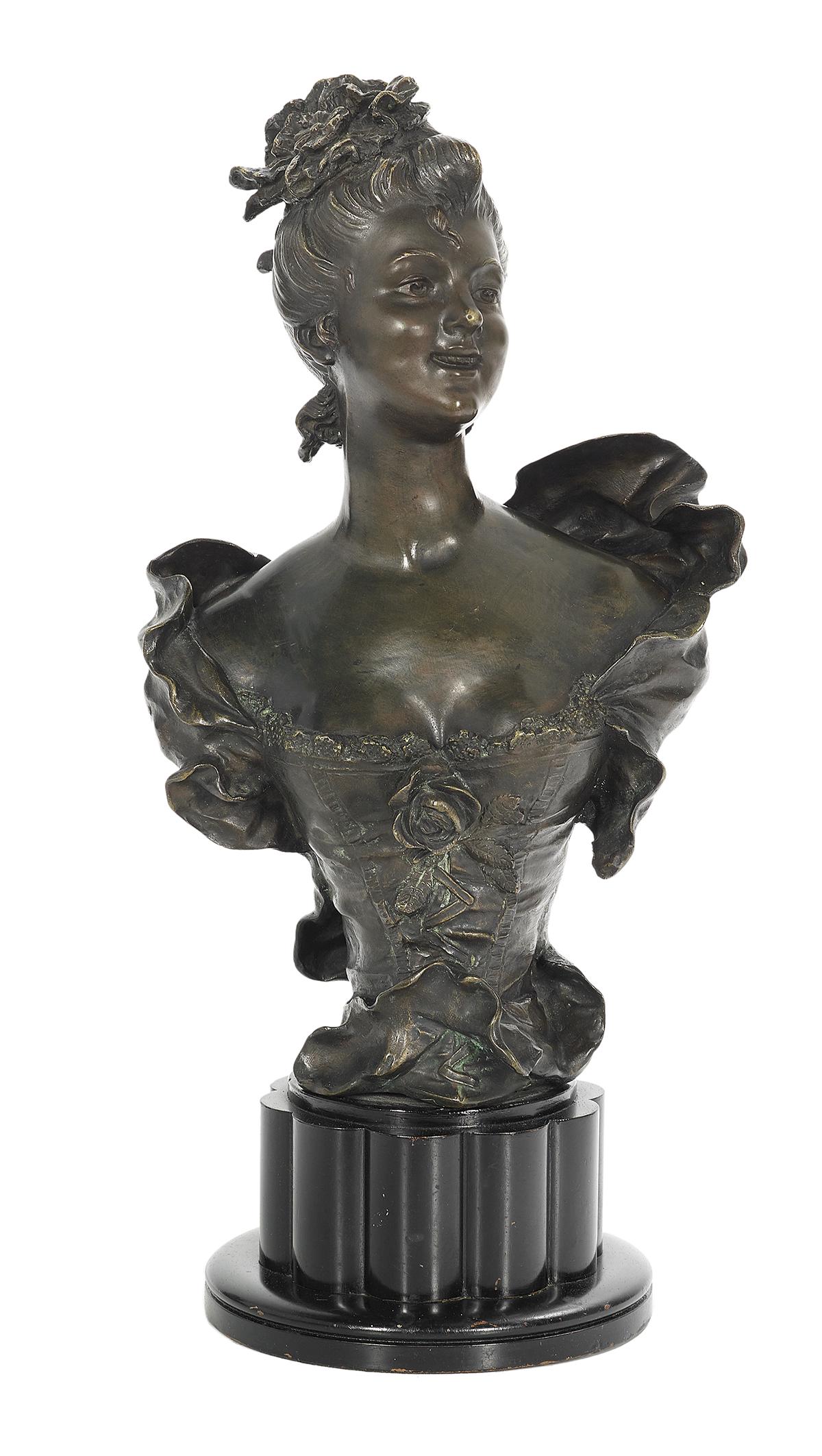 French Art Nouveau Patinated Bronze Bust: French Art Nouveau Patinated Bronze Bust of an "Elegante" first quarter 20th century, in the manner of Hippolyte Moreau (French, 1832-1927), cast signature along side, on a carved wood fluted columnar