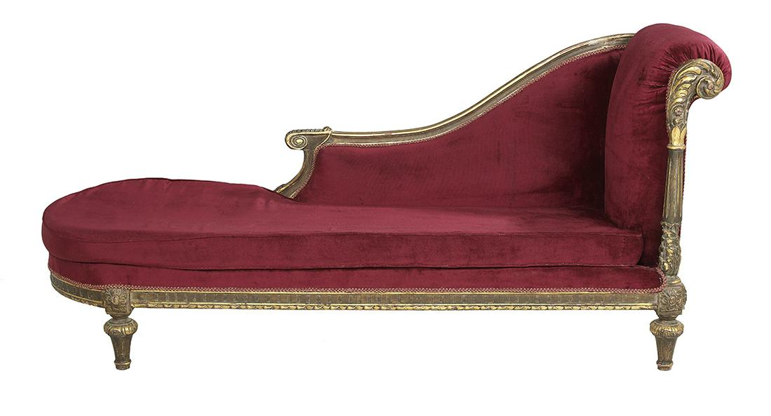 Louis XVI-Style Polychrome & Parcel-Gilt Recamier: Large Louis XVI-Style Polychrome and Parcel-Gilt Recamier 20th century, the head end with a carved and fluted post, raised on turned and fluted legs. h. 40", w. 30", l. 89"