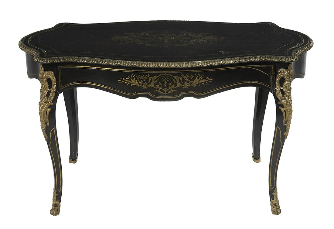 Napoleon III Brass-Inlaid Ebonized Center Table: Napoleon III Brass-Inlaid Ebonized Center Table third quarter 19th century, in the Louis XV taste, the tortoise-form top with inlaid brass marquetry, the conforming apron fitted with a single drawer, 