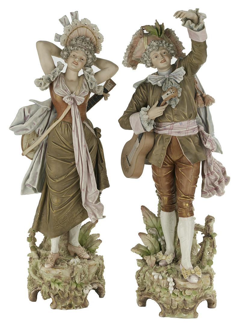 Royal Dux Figures of Male and Female Musicians: Pair of Royal Dux Figures of Male and Female Musicians ca. 1900-1918, Bohemian, the Art Nouveau figures depicting a female with her lute and a male with his guitar, with lushly and carefully executed 