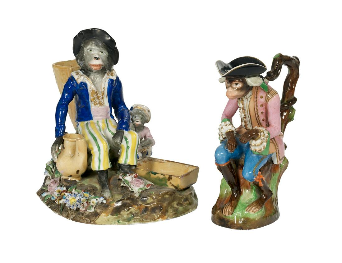 Jacob Petit Paris Porcelain Monkey-Molded Objects: Two Jacob Petit Paris Porcelain Monkey-Molded Objects second quarter 19th century, inspired by Meissen monkey bands, including a pitcher modeled as a monkey in 18th-century costume, and a spill vase m