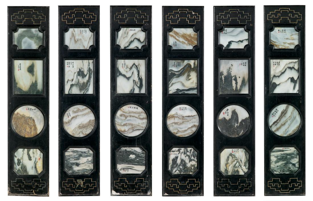 Chinese Ebonized Wood and Marble Panels: Suite of Six Chinese Ebonized Wood and Marble Panels 20th century, the ebonized panels trimmed with Chinese fret gilt incising and set with various shaped marble panels painted with Chinese characters