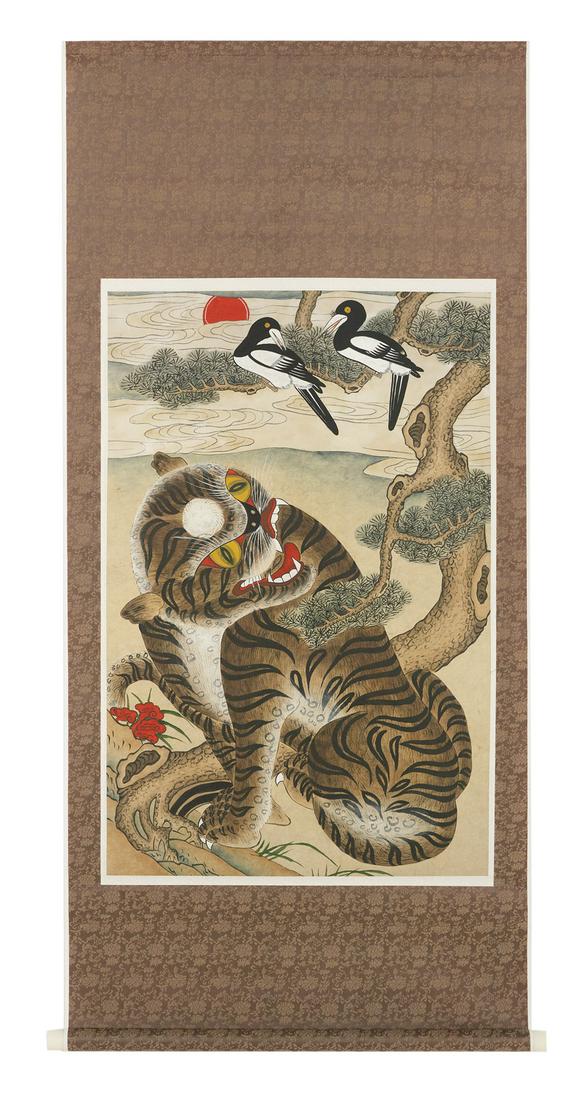 Korean Scroll Painting: Korean Scroll Painting 20th century, with a tiger and birds, a reproduction of a 19th-century folk painting, with its original box. image size 32-1/2" x 21", overall size 54" x 25" Provenance: The Est