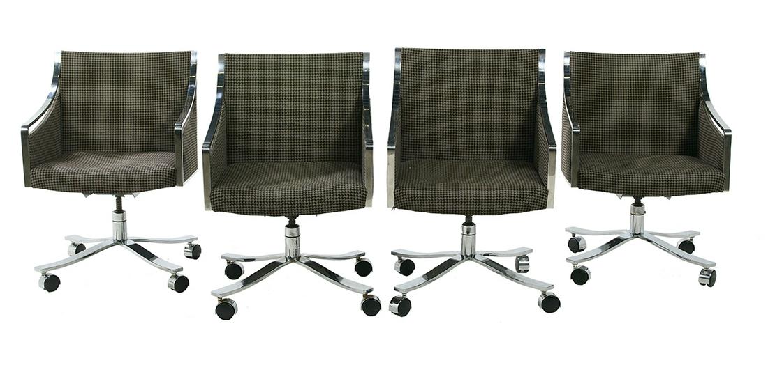 Mid-Century Modern Stow Davis Swivel Armchairs: Suite of Four Mid-Century Modern Stow Davis Chrome Swivel Armchairs 20th century, with downswept arms and mounted to an adjustable swivel base, covered in a woven houndstooth fabric, each bearing the