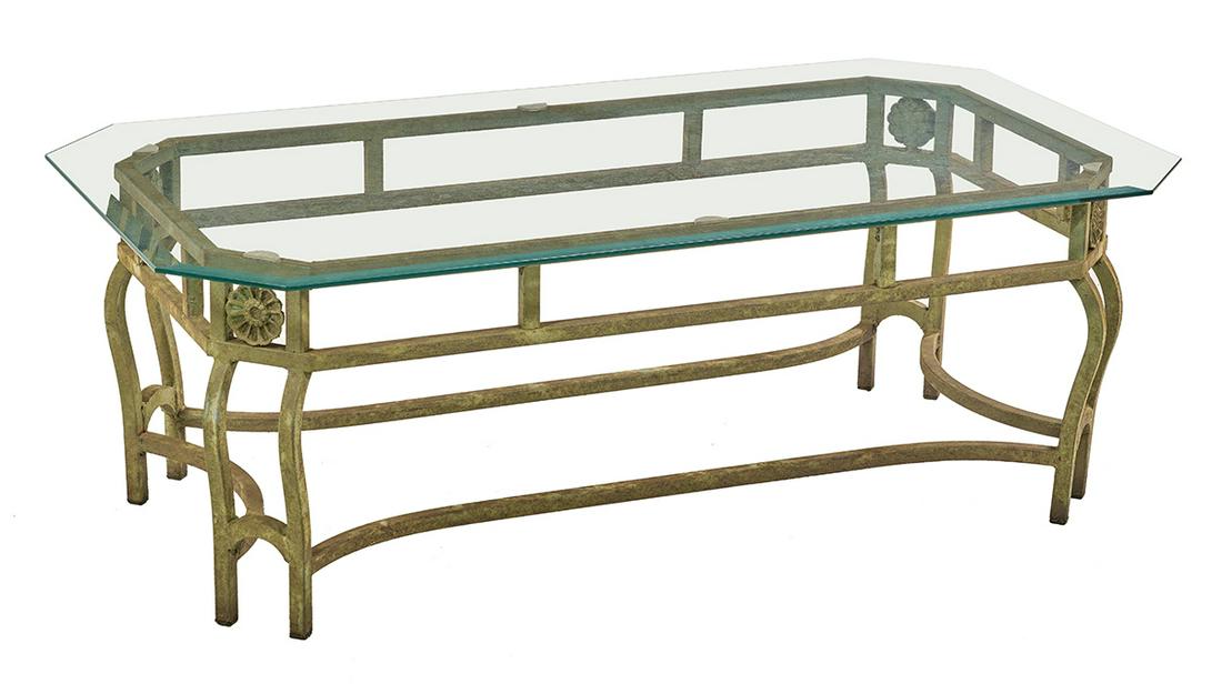 Contemporary Iron and Glass Cocktail Table: Contemporary Iron and Glass Cocktail Table of neoclassical inspiration, the rectilinear beveled glass top with canted corners, on a conforming painted iron base with cast iron rosettes at each corner,