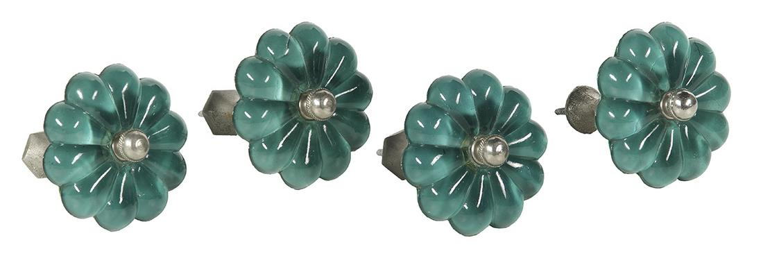 French Glass and Nickel-Plated Tie-Backs: Set of Four French Glass and Nickel-Plated Tie-Backs early 20th century, with molded green glass floriform medallions. dia. 2-3/4", l. 2-3/4" Provenance: Bruce McCashin Collection.