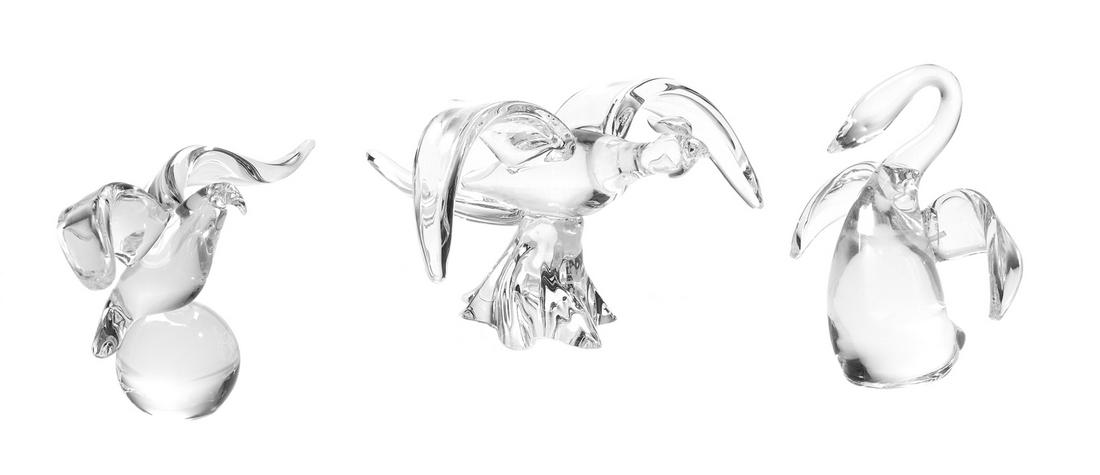 Three Steuben Crystal Bird Figures: Three Steuben Crystal Bird Figures 20th century, Corning, New York, the collection including a seagull, h. 6-1/4", w. 11", a pheasant, h. 7", w. 10-1/4", and a duck, h. 8", w. 6-1/4", each piece signe