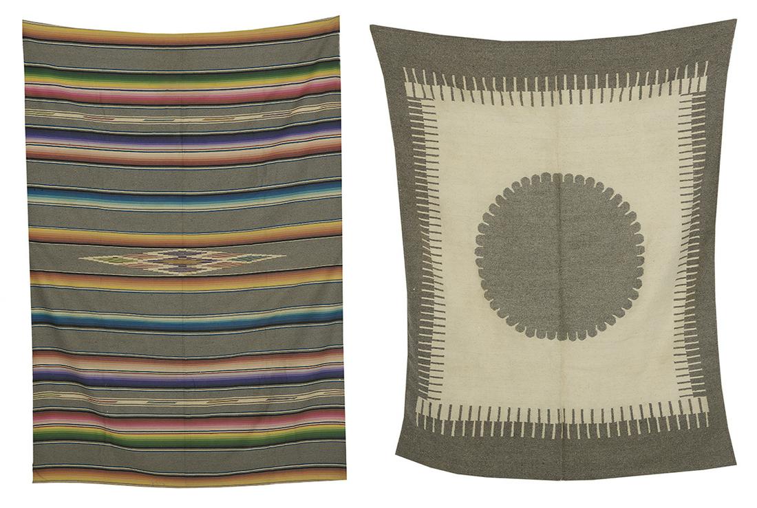 Two Woven Wool Blankets: Two Woven Wool Blankets early 20th century, possibly Native American, one in gray and cream with a central medallion, l. 78", w. 62", and the other finely woven in multicolored stripes, l. 93", w. 84"