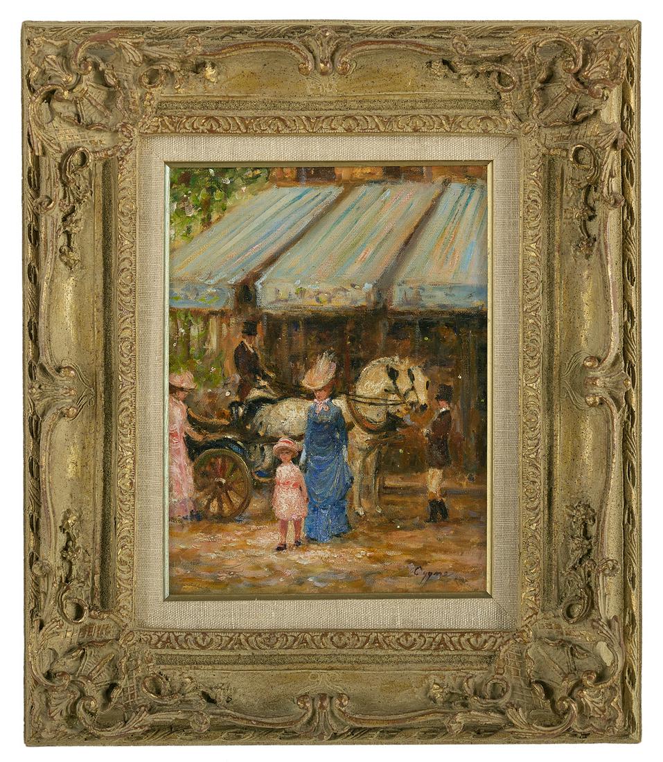 E. J. (Jose Fernandez) Cygne, (American, b. 1929): E. J. (Jose Fernandez) Cygne (American, b. 1929) "City Street with Horse and Carriage" oil on canvas signed lower right. Framed. 12-1/2" x 9", framed 20" x 16-3/4" Provenance: The Collection of the La