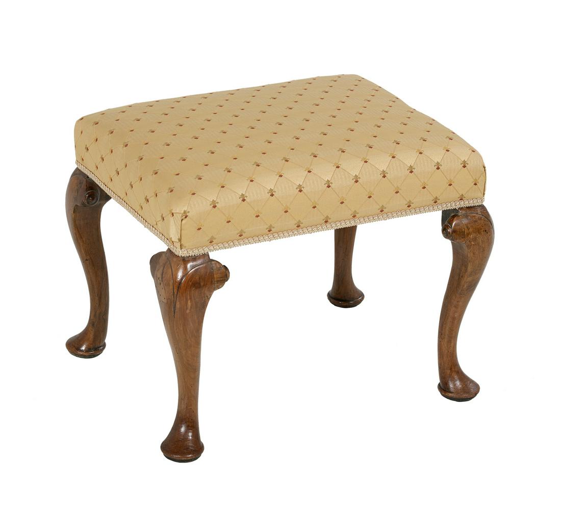 George III-Style Fruitwood Stool: George III-Style Fruitwood Stool the padded rectangular top raised on cabriole legs ending in padded feet. h. 18-1/2", w. 22", d. 17-1/2" Provenance: The Collection of the Late Dr. E. Ralph Lupin, New