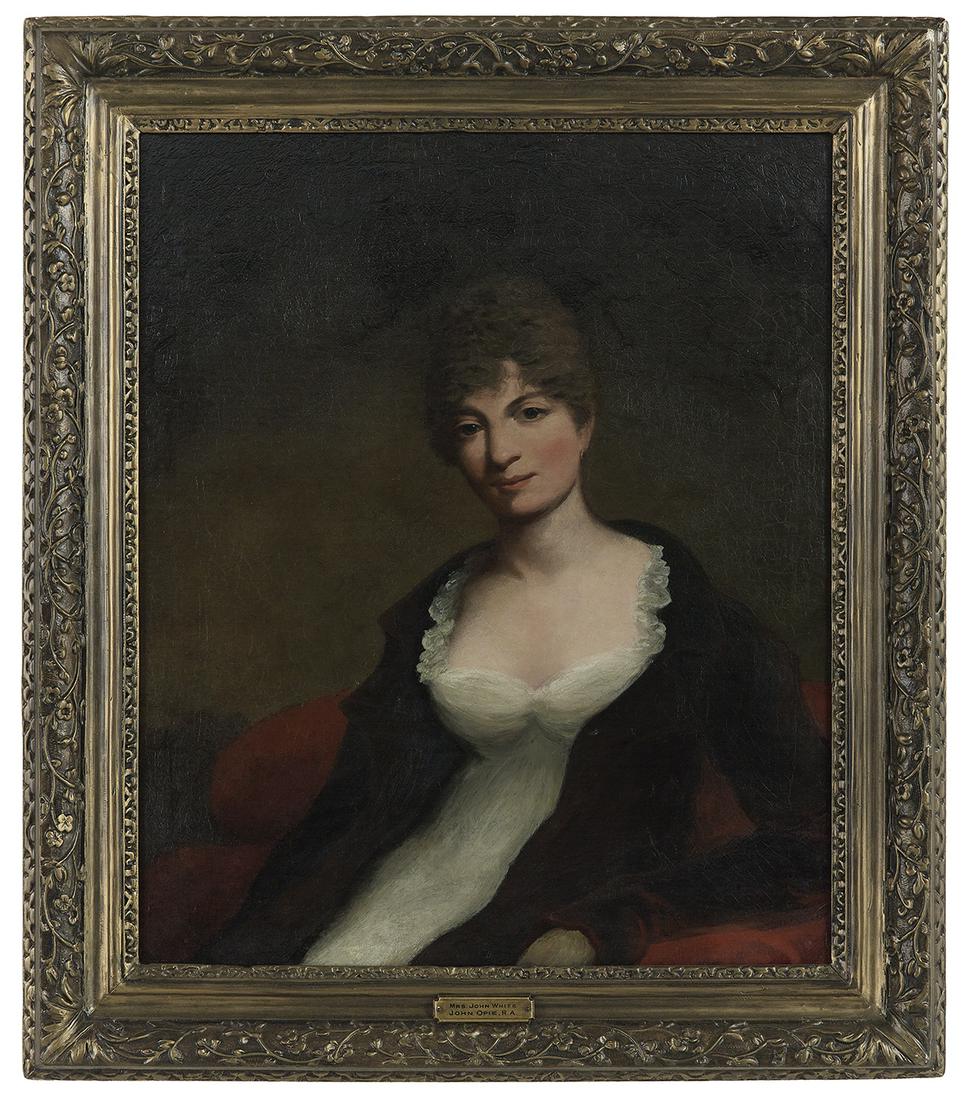 Attributed to John Opie (British, 1761-1807): Attributed to John Opie (British, 1761-1807) "Portrait of a Lady, by Repute Mrs. John White" oil on canvas with "Arnold Wiggins & Sons/London" and "Scott & Fowler/New York" labels and a handwritten ex