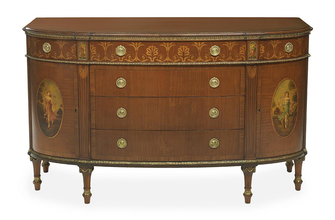 Edwardian-Style Decorated Bowfront Sideboard: Edwardian-Style Mahogany-Inlaid and Paint-Decorated Bowfront Sideboard the banded top with ribbon mahogany veneers, above a central bank of four drawers and flanked by a single drawer over a curved ca
