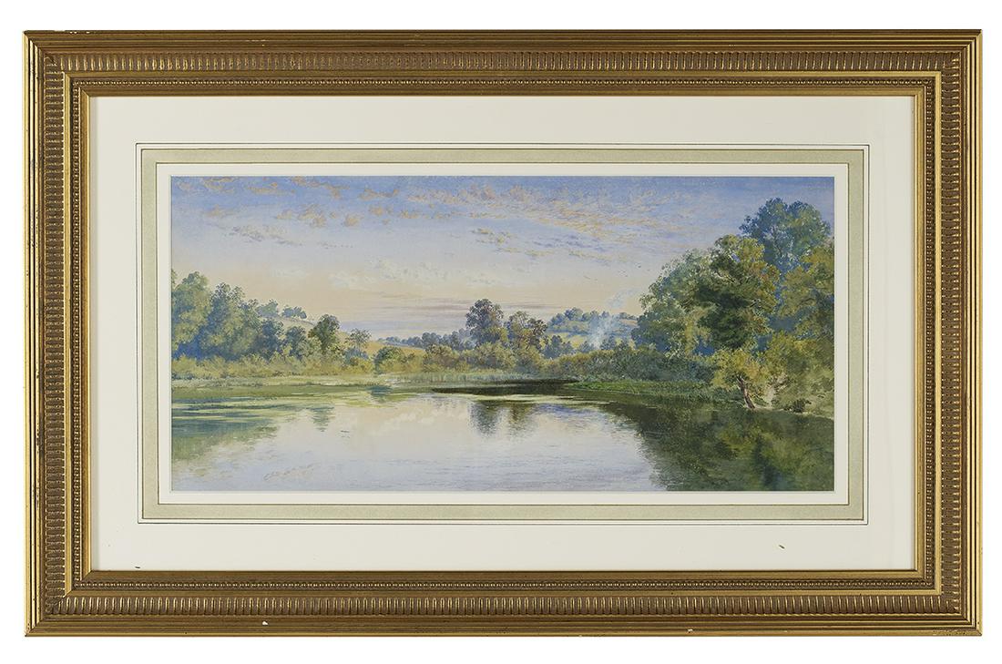 British School, (Late19th/Early 20th Century): British School (Fourth Quarter 19th/First Quarter 20th Century) "Landscape with Rolling Hills and Pond" watercolor unsigned, frame backing notated "bought in Wales, 2005". Matted, glazed and framed. 1