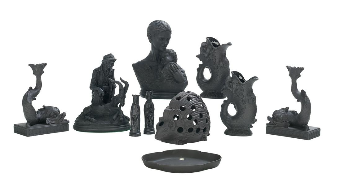 Ten-Piece Collection of Basalt Stoneware: Ten-Piece Collection of Basalt Stoneware including a hedgehog flower holder and saucer, h. 7", w. 11-1/4", d. 7", a pair of dolphin candlesticks, h. 9", w. 6", d. 3-1/2", a pair of dolphin ewers, h. 8