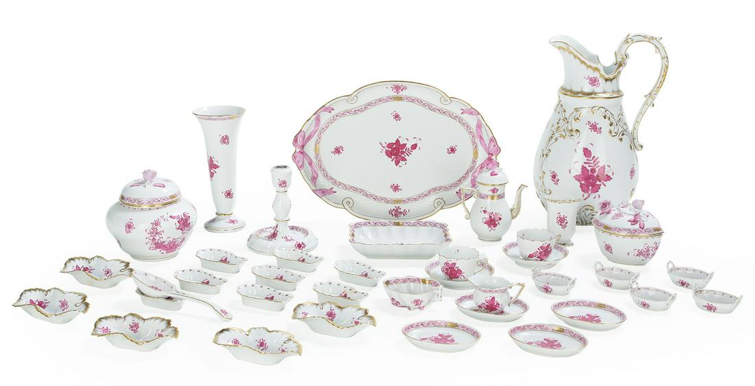 Herend "Chinese Bouquet Raspberry" Porcelain: Collection of Herend "Chinese Bouquet Raspberry" Porcelain Items comprising a mini creamer, h. 2", w. 3-1/2", two demitasse cups, h. 1-7/8", w. 3-3/8", and two saucers, dia. 4-1/2", a mini coffeepot w