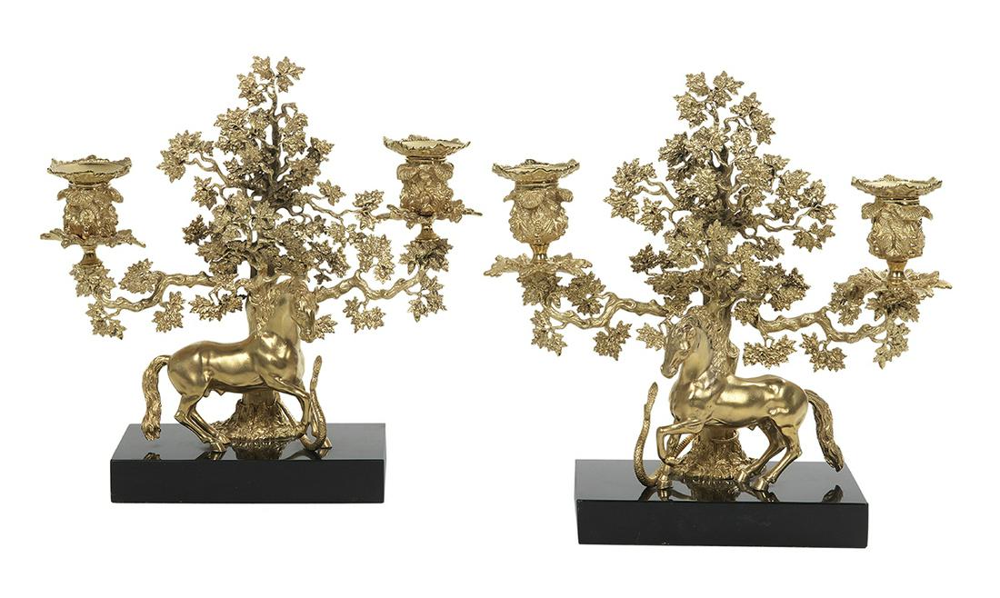 Regency Gilt-Bronze and Marble Figural Candelabra: Pair of Regency Gilt-Bronze and Marble Figural Candelabra second quarter 19th century, each with a carefully detailed tree mounted with a pair of leaf-molded candle sockets and drip pans, and a horse 