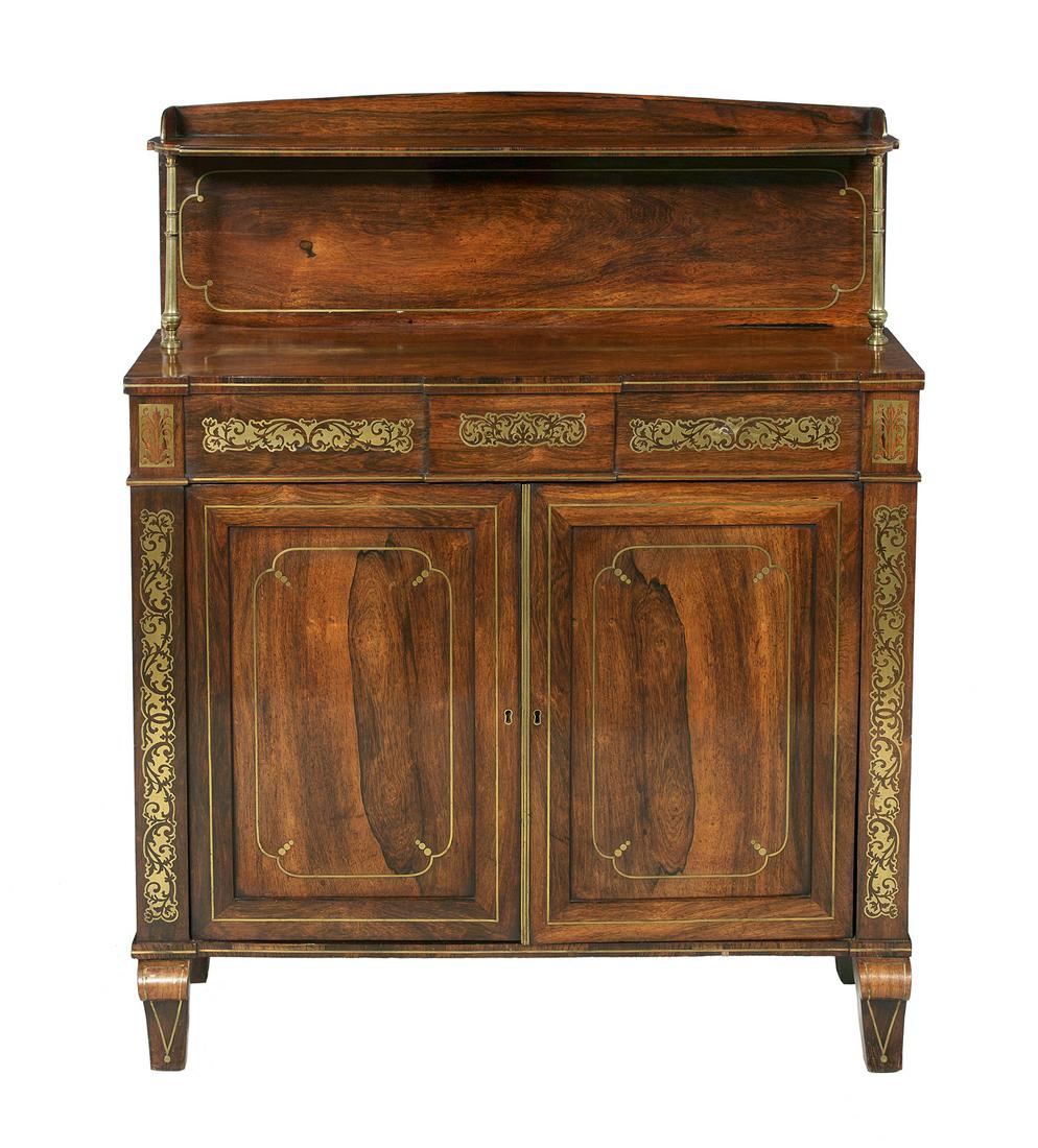 Regency Rosewood Credenza: Regency Rosewood Credenza 19th century, the slightly domed superstructure with a paneled back and joined to the top by brass uprights, the lower section with a rectangular top over a tri-paneled friez