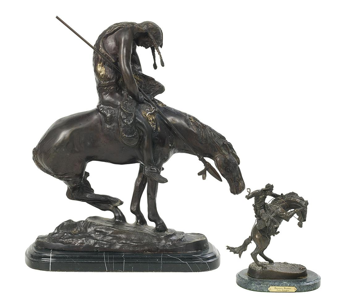 Two "Old West" Bronzes: Two "Old West" Bronzes late 20th century, including: "End of the Day", after James Earle Fraser (American, 1876-1953), on a stone base, overall h. 18-1/4", w. 17", d. 6"; and "Bronco Buster", after Fr