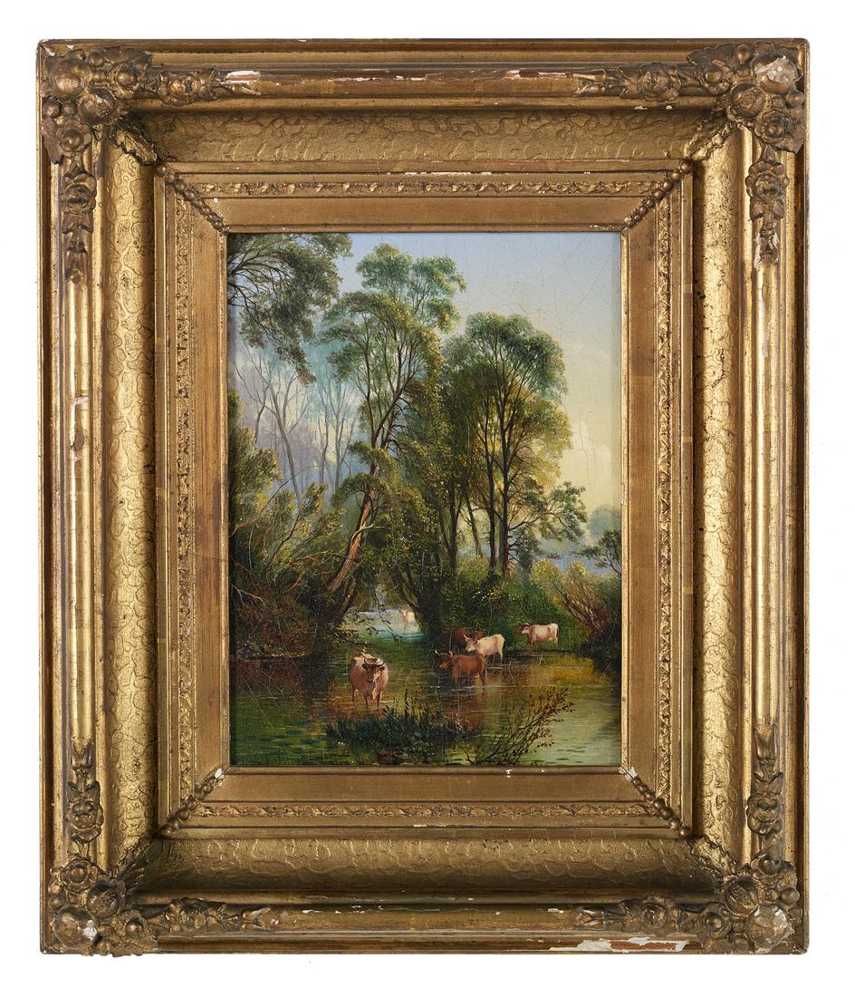 Andrew Melrose (American, 1836-1901): Andrew Melrose (American, 1836-1901) "Cattle Watering in a Wooded Landscape" oil on canvas signed "Melrose" lower left. Period giltwood frame. 12" x 9-1/4", framed 19-1/4" x 16-1/4"