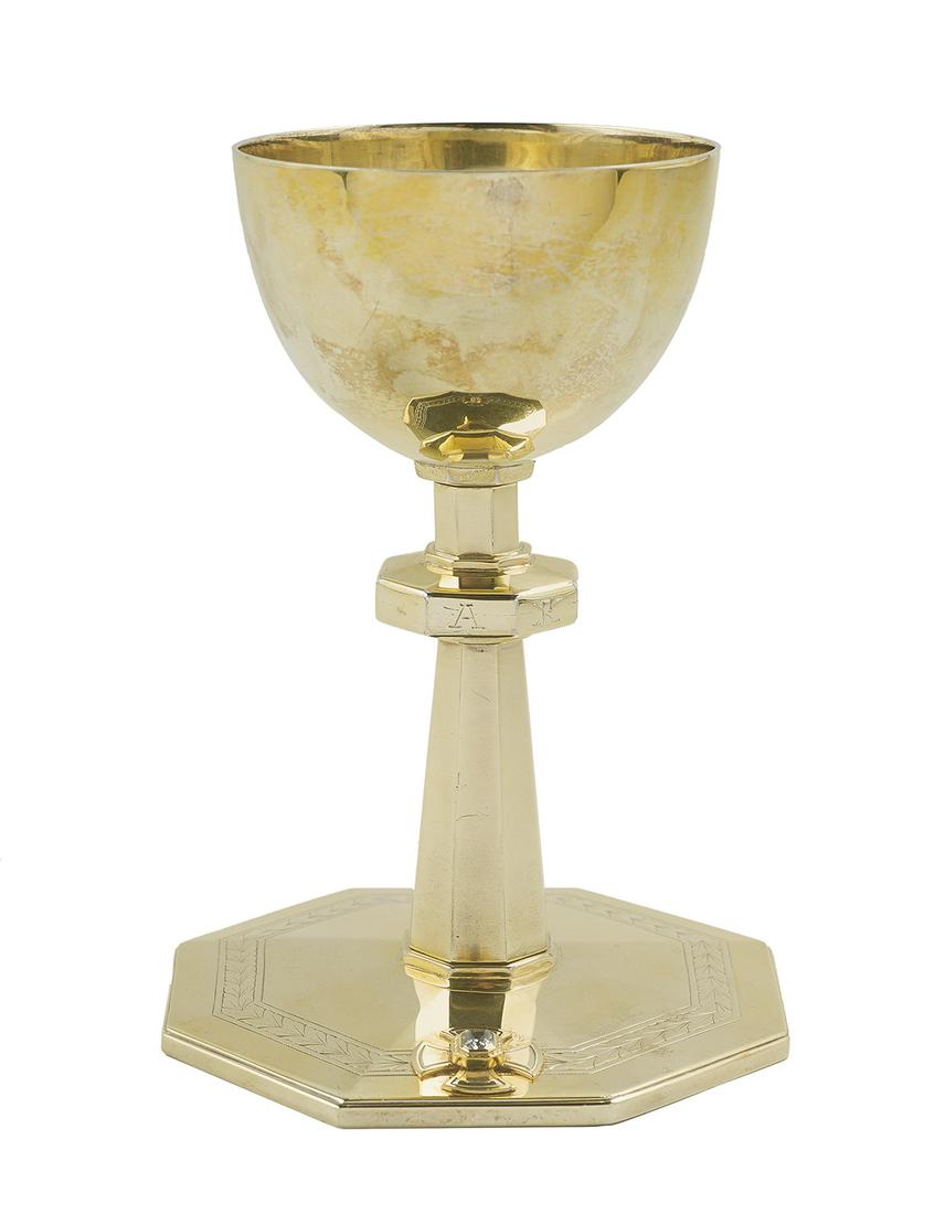 American Sterling Silver Gilt Chalice: American Sterling Silver Gilt Chalice dated 1943, by Phillip Marcus Kohl (1877-1959), Minneapolis, Minnesota, the bowl above a tapering octagonal standard with conforming knop and base, the latter wit