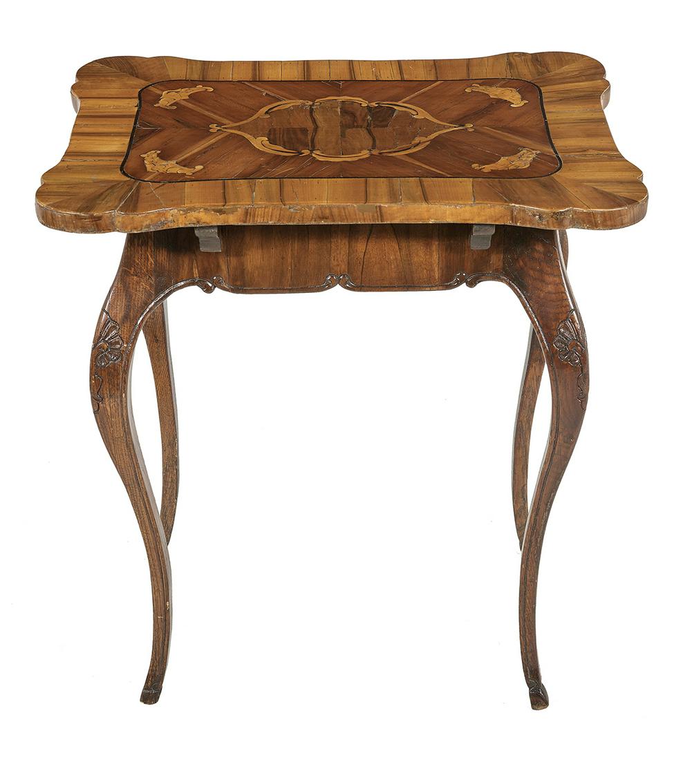 Italian Walnut and Fruitwood Center Table: Italian Walnut and Fruitwood Center Table late 18th century, the banded and rounded rectangular top centered by decorative inlays, above a plain frieze, raised on cabriole legs headed by carved shells
