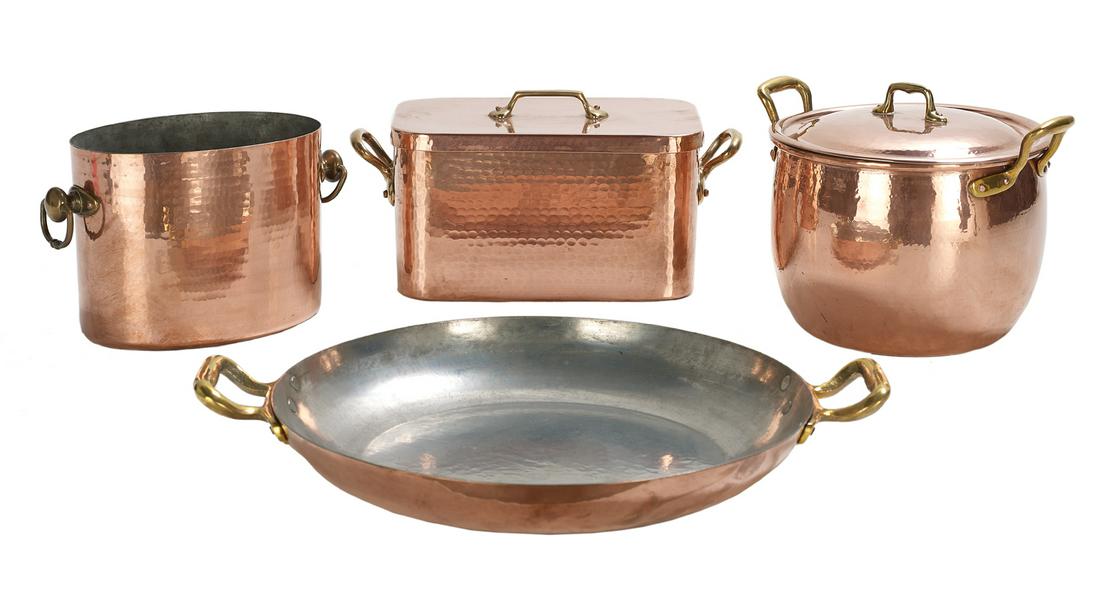 Four Pieces of Heavy Hammered Copper Kitchenware: Four Pieces of Heavy Hammered Copper Kitchenware 20th century, French and Italian, retailed by "Dean & DeLuca", the collection including a daubiere with a Dean & DeLuca label, h. 9", w. 16-3/4", d. 8"