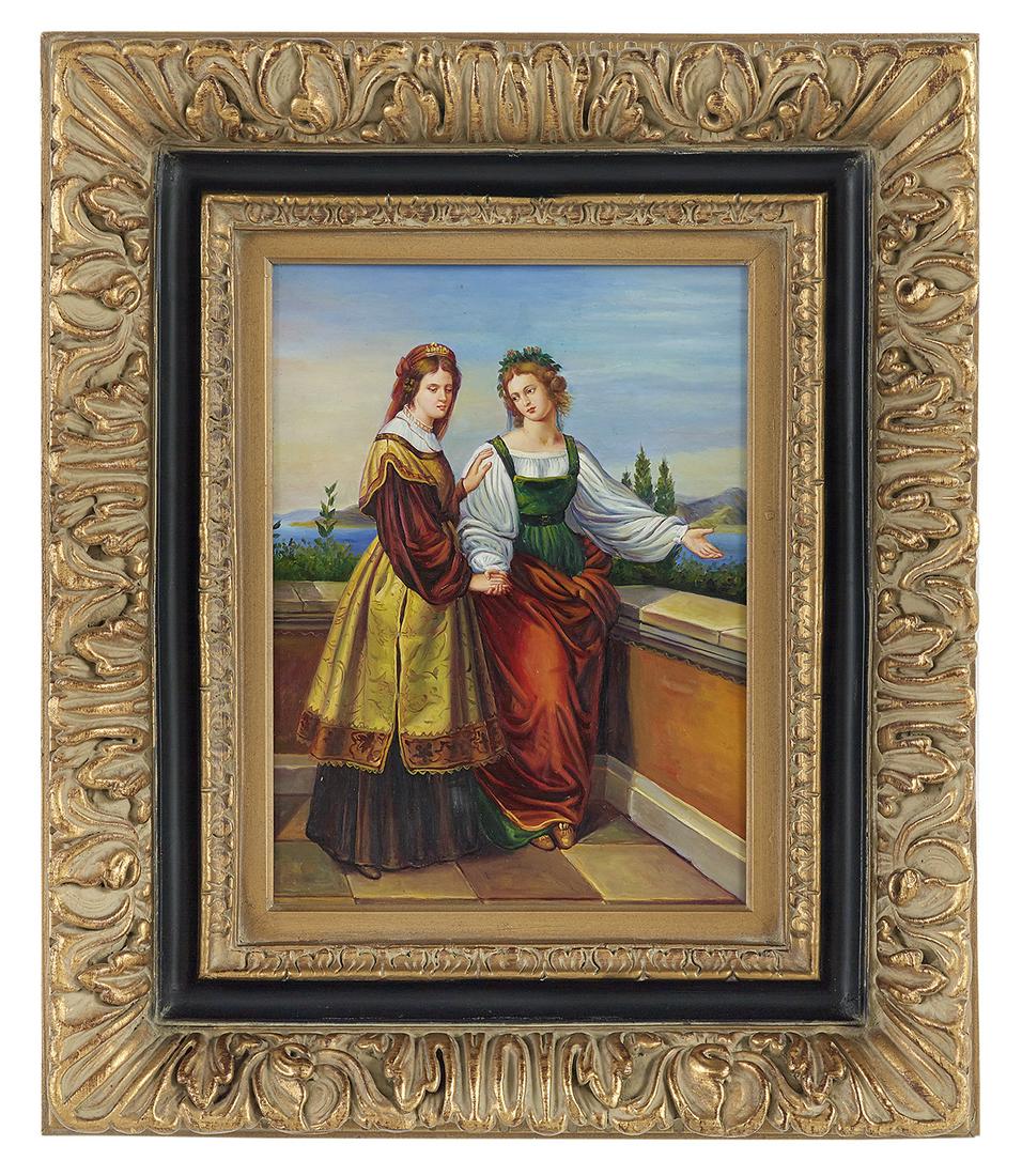 Continental School,(2nd/3rd Quarter 20th Century): Continental School (Second/Third Quarter 20th Century) "Women on a Terrace" oil on wood panel unsigned. Framed. 15-3/4" x 11-3/4", framed 26-3/4" x 22-1/2"