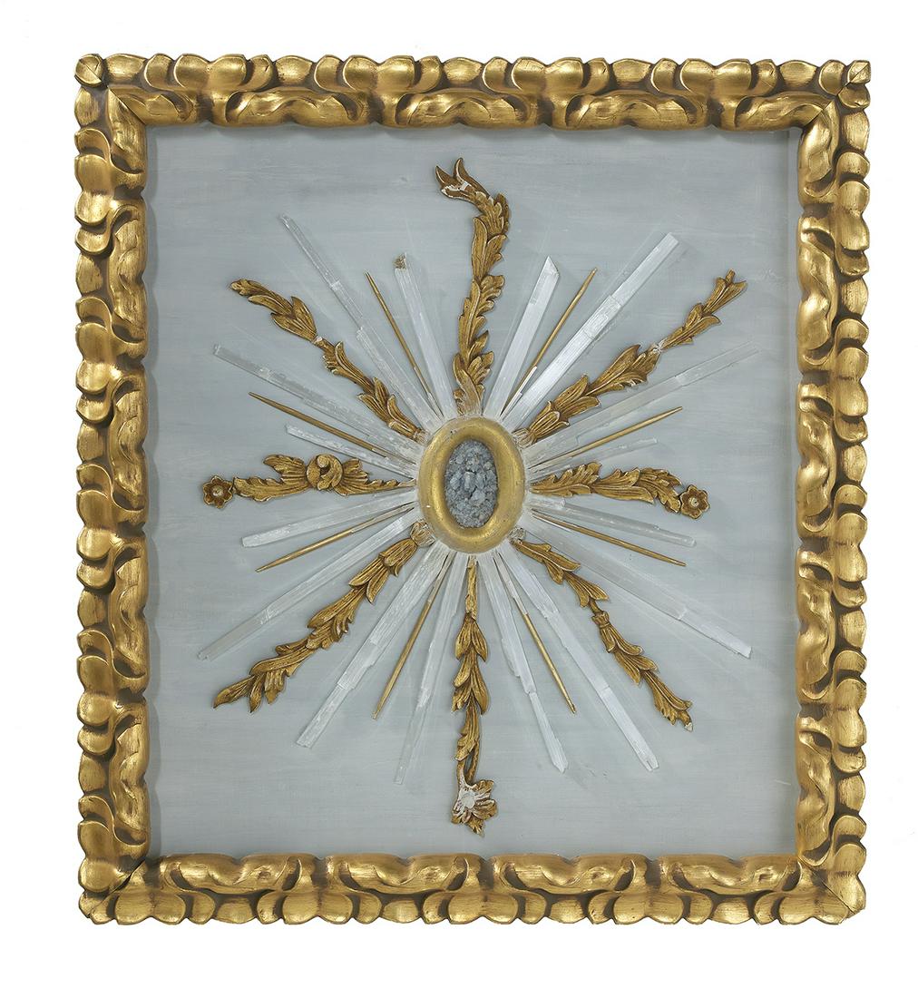 Stone and Giltwood Shadowbox Picture: Stone and Giltwood Shadowbox Picture 20th century, assembled with a crushed hardstone center in a giltwood "O", forming a sunburst of giltwood scrollwork alternating with natural crystals, in a Spanis