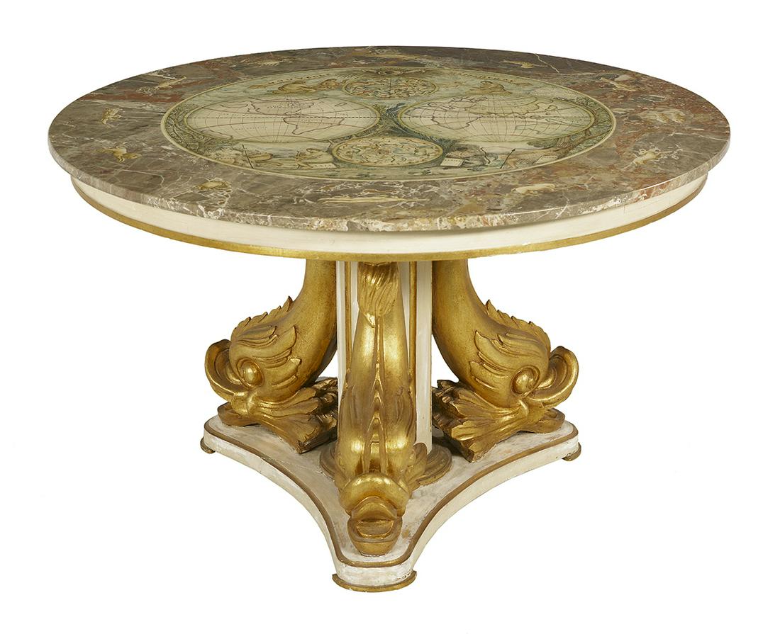 Unique Italian Marble-Top Table: Unique Italian Polychromed, Parcel-Gilt and Marble-Top Table third quarter 20th century, the circular top with painted scenes depicting the continents in the center and the zodiac symbols around the b