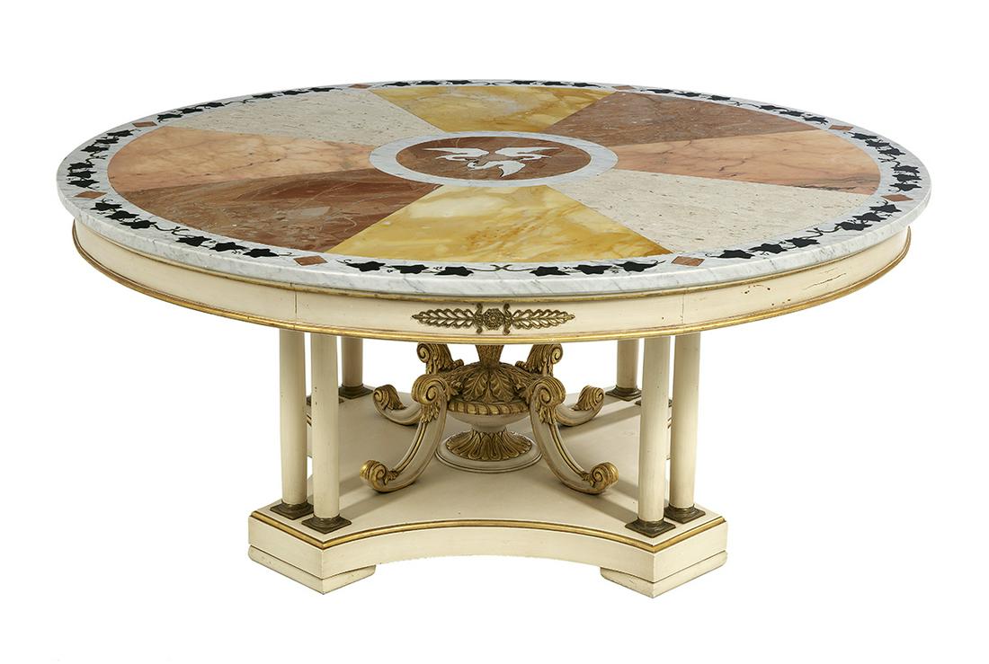 Large Italian Marble-Top Table: Large Italian Polychromed, Parcel-Gilt and Marble-Top Table mid-20th century, the circular specimen marble top with segmented wedges, the center with three inset swans and the outer border in a grape-