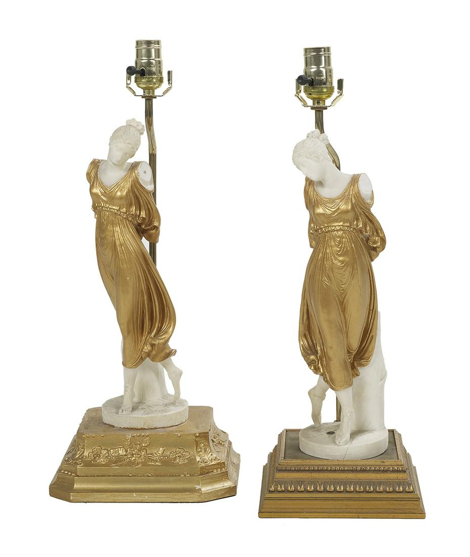 Italian Neoclassical-Style Alabaster Lamps: Pair of Italian Neoclassical-Style Parcel-Gilt Alabaster Lamps 20th century, on similar gilt composition bases, the figures inspired by Josiah Wedgwood's "Dancing Hours". h. 20-1/2", w. 7" to 8-1/4", 
