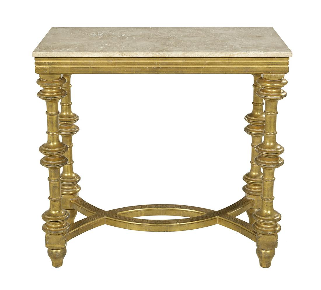 Italian Neoclassical-Style Travertine-Top Table: Italian Neoclassical-Style Giltwood and Travertine-Top Table 20th century, the rectangular travertine top over a molded frieze, raised on turned legs joined by an incise-carved and pierced stretcher a