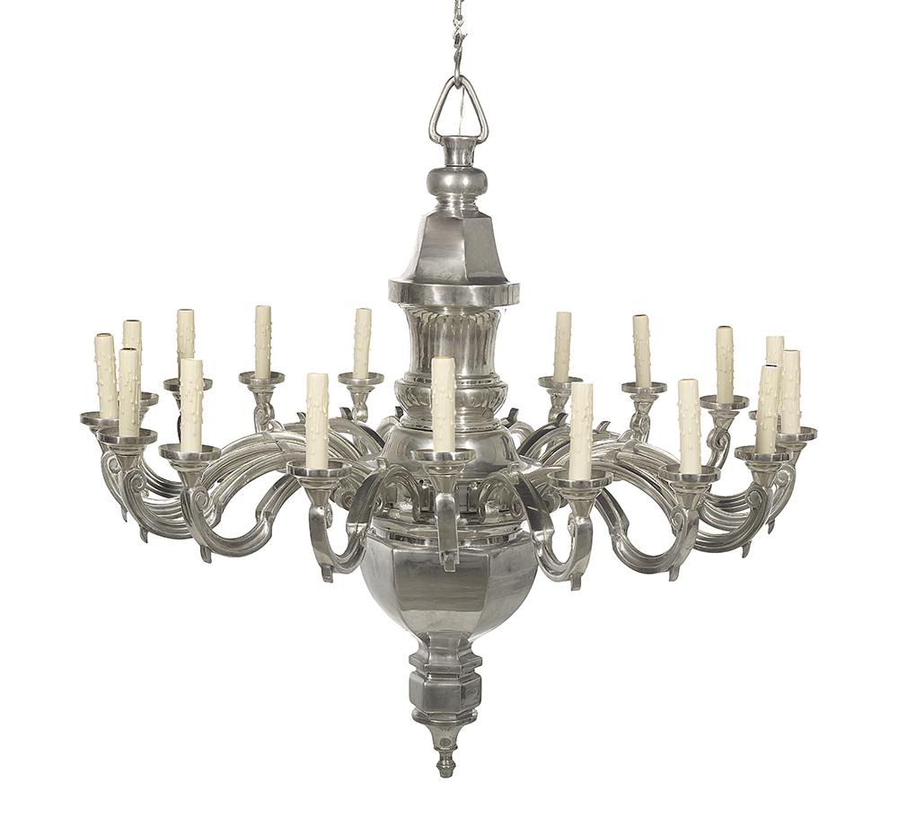 White Metal Chandelier of Baroque Inspiration: White Metal Chandelier of Baroque Inspiration 20th century, with a bold faceted and turned urn-form standard set with scrolled candle arms. h. 41", dia. 40-1/2"