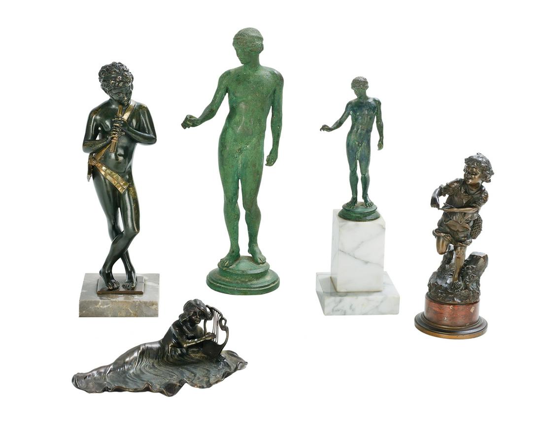 Five Pieces of Continental Metal Figures: Five-Piece Collection of Continental Metal Figures 19th/20th century, including a bronze figure of a boy with a rucksack, after Carl Kauba (Austrian, 1865-1922), signed, on a red griotte marble base, 