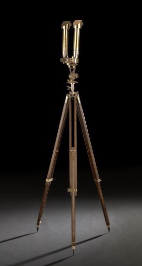 Ross of London Brass Trench Binoculars: Set of Ross of London Brass Stereoscopic "Donkey's Ears" Trench Binoculars, second quarter 20th century, complete with collapsible mahogany and brass field tripod, stamped, on the underside of the bin