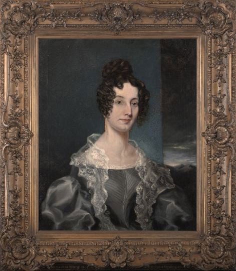 Manner of Sir Wm. Beechey (British, 1753-1839): Manner of Sir William Beechey (British, 1753-1839) "Half-Portrait of a Seated Lady in a Gray Dress with White Lace Shawl", oil on canvas, unsigned, 30-1/4" x 24-3/4". Presented in a giltwood frame.