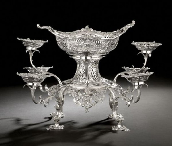 Good Early George III Sterling Silver Epergne: Good Early George III Sterling Silver Epergne, hallmarked London, 1765-1766, by John Christopher Romer, the pierced and waisted central standard decorated with chased acanthus leaves and flowers on a 