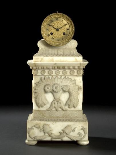Swedish Alabaster and Gilded Brass Mantel Clock: Attractive Swedish Carved White Alabaster and Antique-Gilded Brass Mantel Clock, second quarter 19th century, in the neoclassical taste, h. 20", w. 9", d. 6".