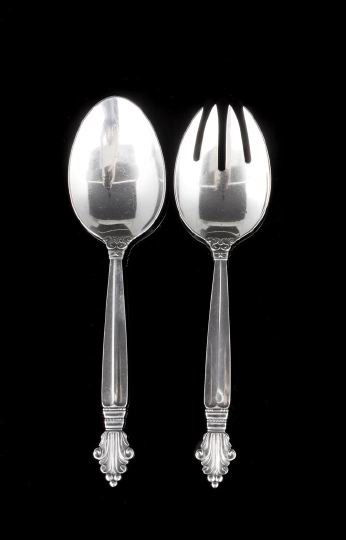 Georg Jensen "Acanthus"-Pattern Salad-Serving Set: Georg Jensen Sterling Silver "Acanthus"-Pattern Salad-Serving Set, designed in 1917 by Johan Rohde (1856-1935), Copenhagen, with the post-1945 Jensen mark, including a salad-serving fork and spoon, l.