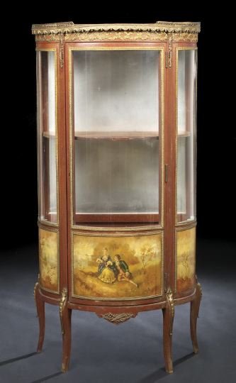 Louis XV-Style Polychromed and Ormolu Vitrine: Louis XV-Style Polychromed and Ormolu-Mounted Wood Vitrine, third quarter 19th century, the bowed top with a three-quarter pierced brass gallery above a conforming case fitted with a single glazed cup