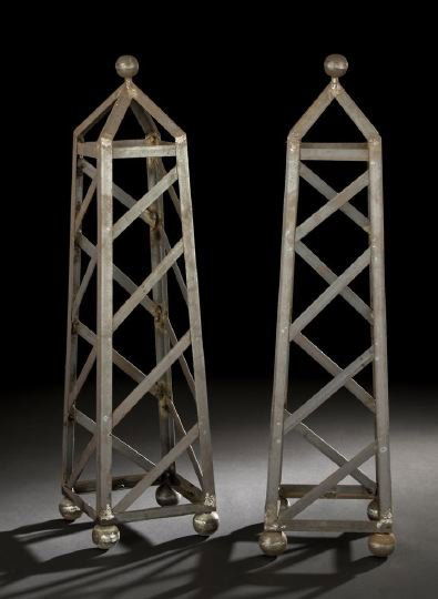 Pair of French Strap-Iron Garden Tuteurs: Attractive Pair of French Strap-Iron Garden Tuteurs, second quarter 20th century, of tall obelisk form, each with a spherical finial, presented in a natural lightly rusted finish, h. 38", w. 10-1/2".