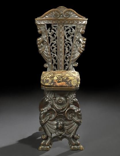 Italian Elaborately Carved Walnut Hall Chair