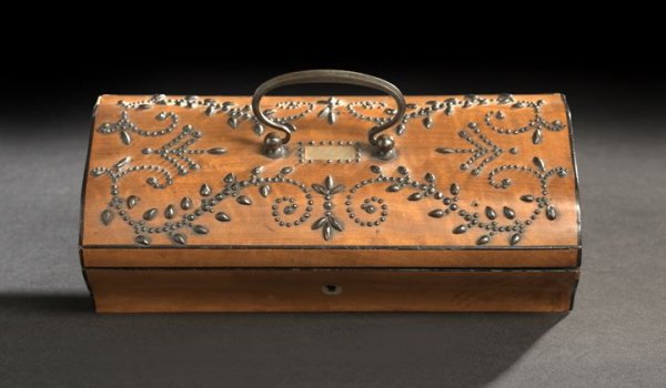 Biedermeier Nailhead-Decorated Jewel Casket: Biedermeier Nailhead-Decorated Satinwood Jewel Casket, second quarter 19th century, the interior of the lid fitted with a looking glass, the interior of the body lined in the period ivory satin, the n